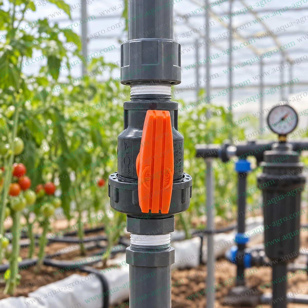 AUTOMAT 0.75 inch (25mm) PVC single union ball valve with male × female threaded connections installed in a greenhouse irrigation system for reliable agricultural water flow control
