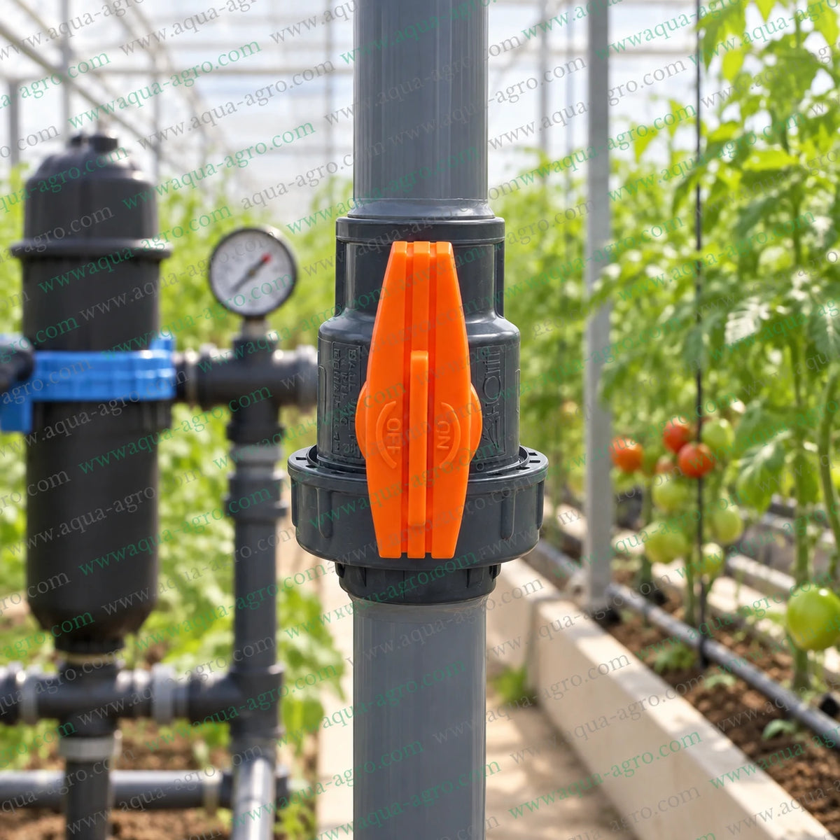 AUTOMAT Harit 1 inch (32mm) PVC single union ball valve installed in a greenhouse irrigation pipeline for reliable water flow control and agricultural irrigation systems
