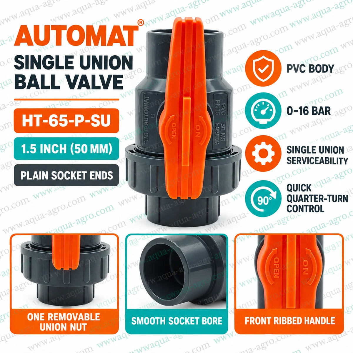AUTOMAT Harit HT-65-P-SU 1.5 inch (50mm) PVC single union ball valve with plain socket ends, 0–16 bar pressure rating, removable union nut, smooth socket bore and quick 90-degree quarter-turn flow control