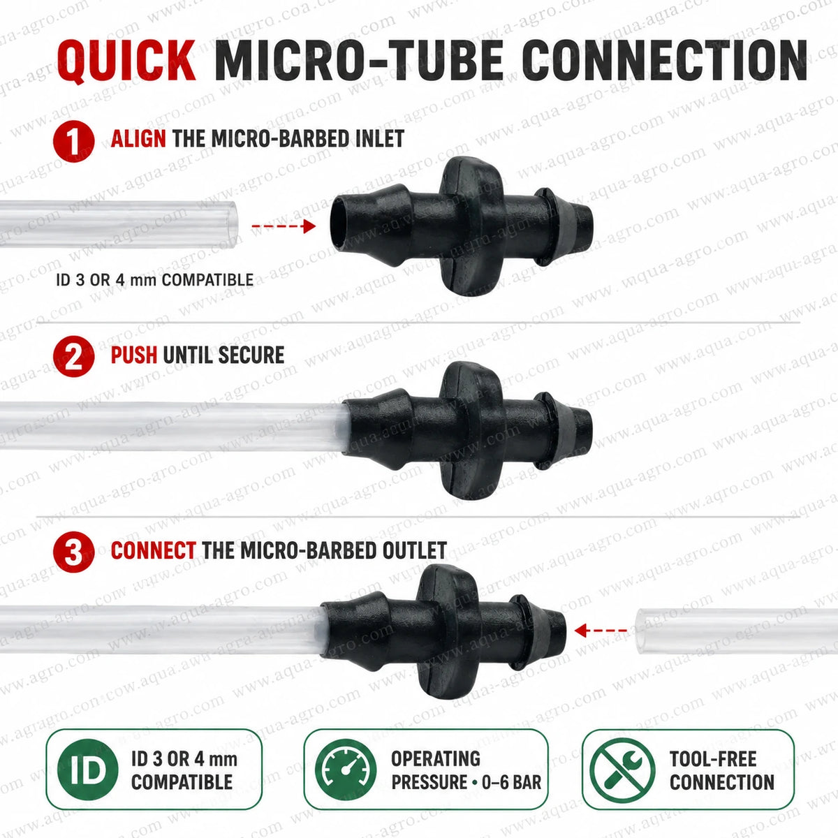 AUTOMAT premium 4mm micro tube barbed coupler installation guide for connecting 3mm or 4mm ID micro tubing in drip irrigation systems