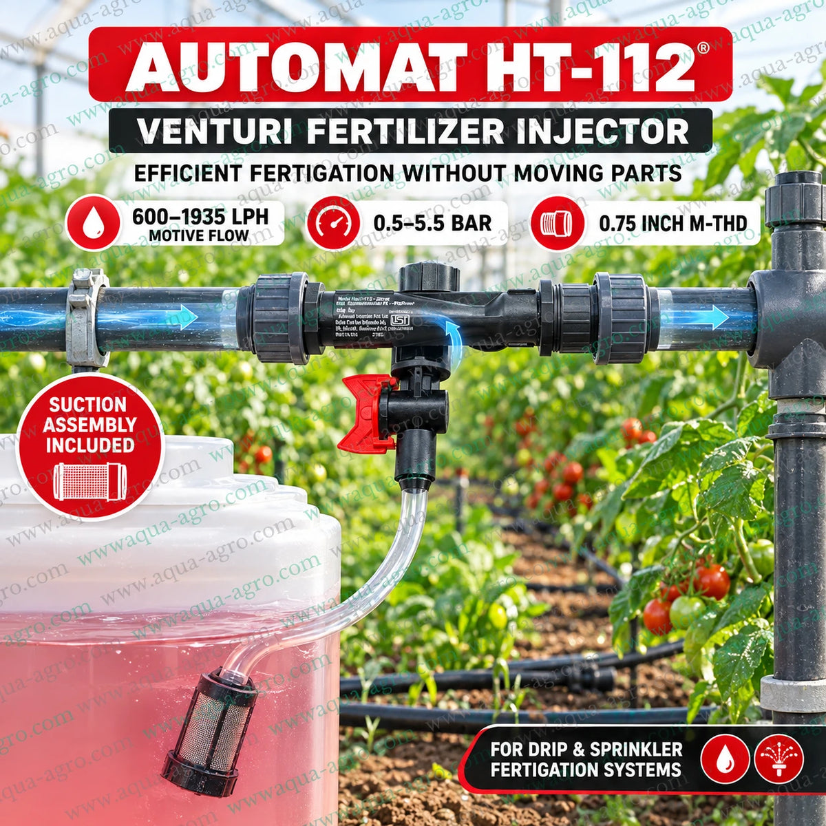 AUTOMAT HARIT HT-112 Venturi fertilizer injector 0.75 inch 25mm male threaded inlet and outlet with 0.5 inch 20mm suction port clear suction hose stainless steel mesh intake filter and suction control valve for drip irrigation and fertigation systems