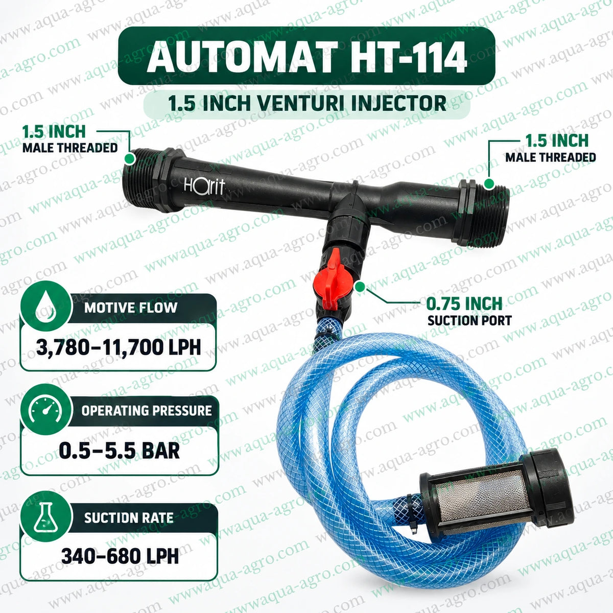 AUTOMAT Harit HT-114 1.5 inch 50mm Venturi fertilizer injector with male threaded inlet and outlet 0.75 inch suction port red suction control valve blue braided suction hose and stainless steel mesh intake filter for agricultural drip irrigation and fertigation systems
