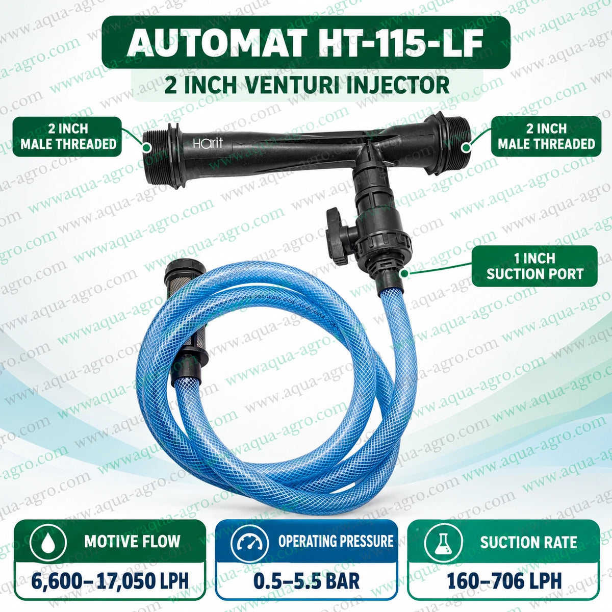 AUTOMAT Harit HT-115-LF 2 inch high flow Venturi fertilizer injector working principle showing water flow through injector pressure differential creating suction and liquid fertilizer entering irrigation water through blue braided suction hose with flow control valve and mesh intake filter