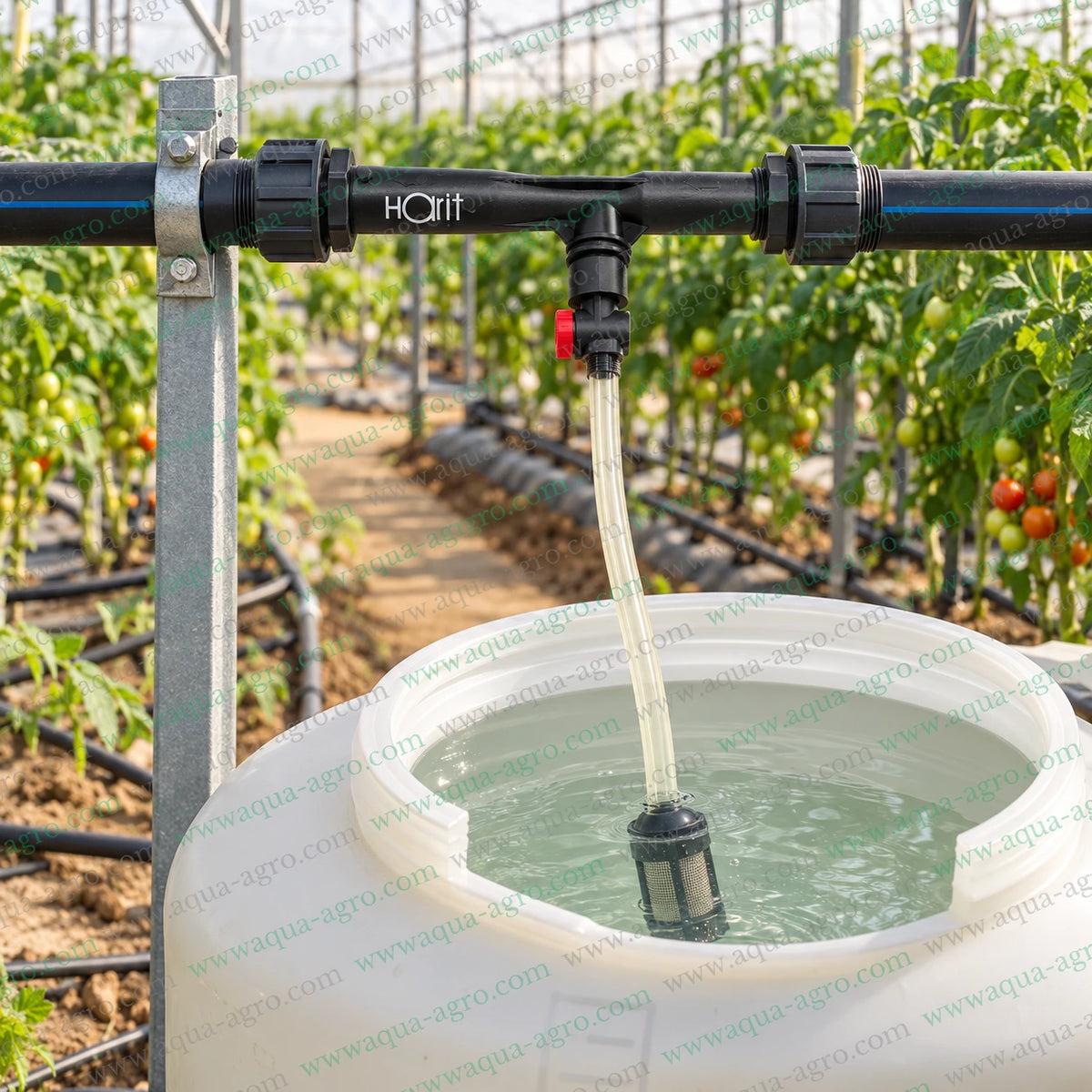 AUTOMAT Harit HT-113 1 inch Venturi fertilizer injector working principle showing water flow pressure differential fertilizer suction and nutrient mixing with irrigation water including suction control valve transparent hose and stainless steel mesh intake filter for agricultural fertigation systems