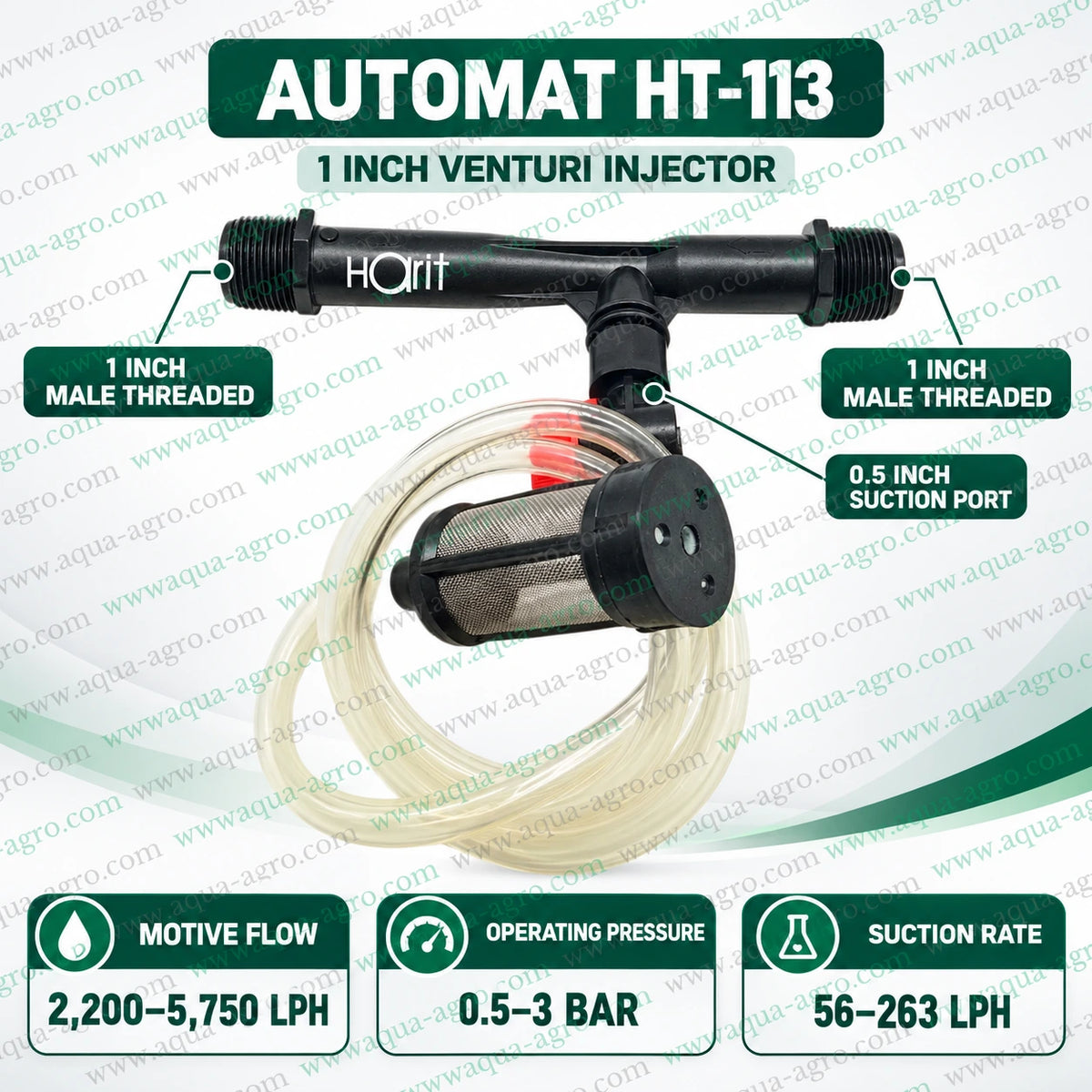 AUTOMAT Harit HT-113 1 inch Venturi fertilizer injector installed in greenhouse irrigation pipeline with transparent suction hose and stainless steel mesh filter submerged in fertilizer tank for agricultural drip irrigation and fertigation systems