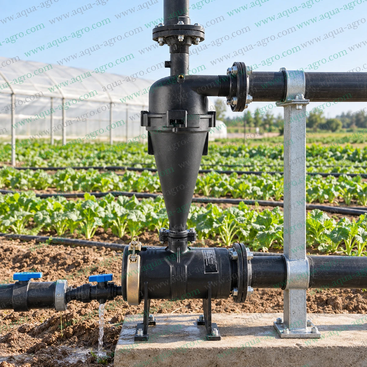 AUTOMAT HT-144F 2 inch flanged hydrocyclone vortex filter installed in an agricultural irrigation pipeline with sand flushing valve for removing sand and heavy particles from irrigation water