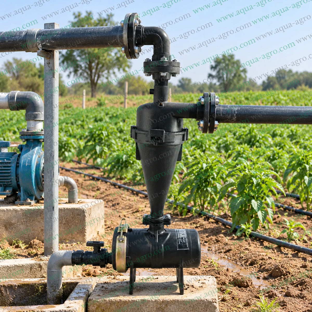 AUTOMAT HT-144FE 2 inch 63mm flanged hydrocyclone vortex filter with top elbow outlet installed in agricultural irrigation pipeline featuring sand separation chamber and sediment flushing valve for drip irrigation and sprinkler irrigation systems