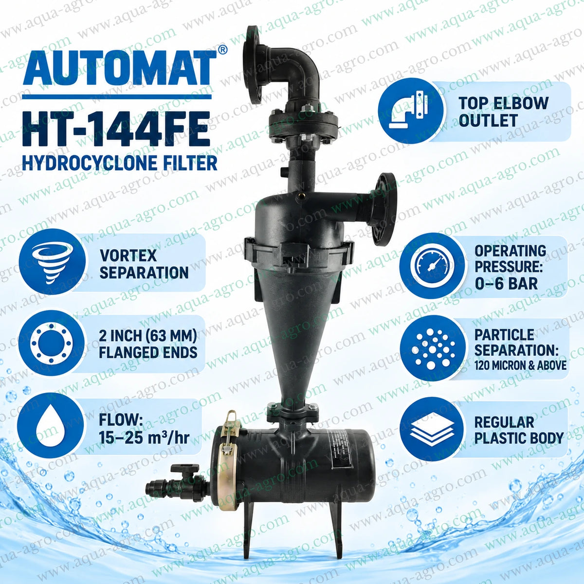 AUTOMAT HT-144FE 2 inch 63mm flanged hydrocyclone sand separator filter with top elbow outlet black plastic conical body 15 to 25 m3 per hour flow capacity and 0 to 6 bar operating pressure for agricultural irrigation water filtration