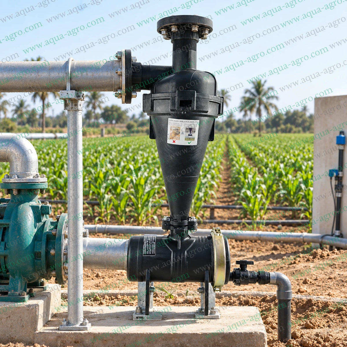 AUTOMAT HT-146F 3 inch 90mm flanged hydrocyclone sand separator filter installed in agricultural irrigation pipeline with conical plastic body and sediment flushing valve for drip irrigation water filtration