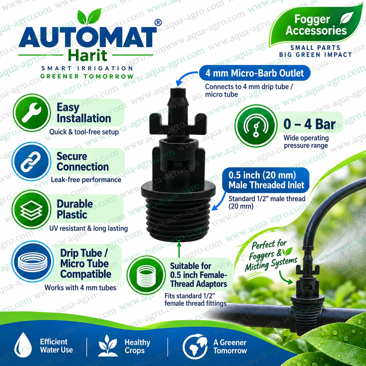AUTOMAT Harit bayonet adaptor with 4mm barbed pin 0.5 inch male thread fogger accessory for micro tube misting and fine irrigation systems