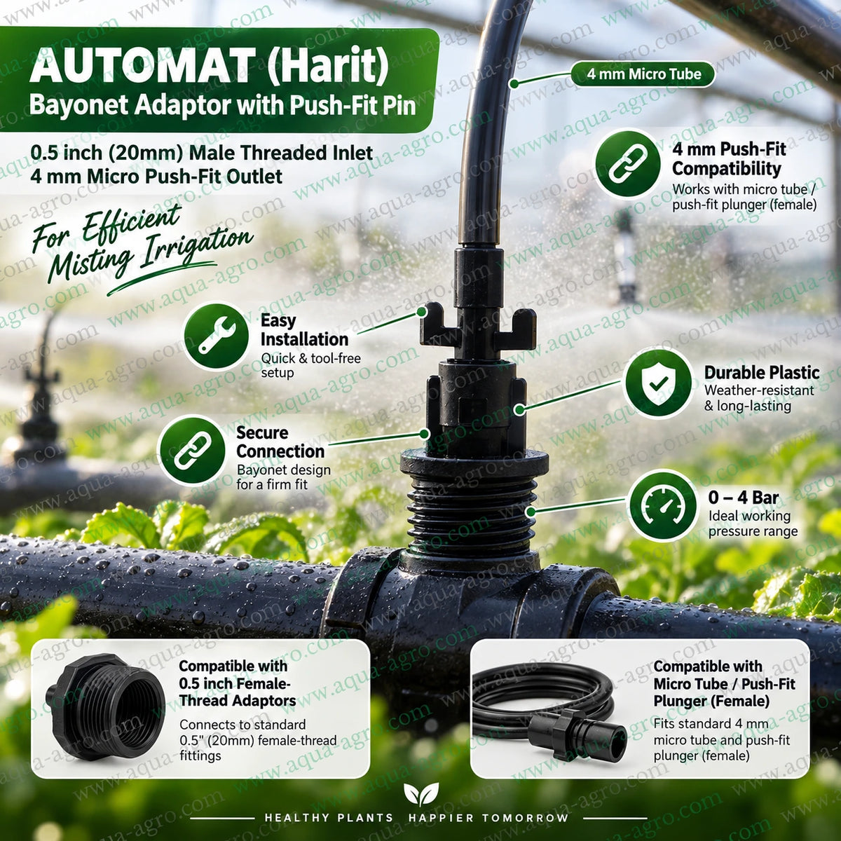AUTOMAT Harit bayonet adaptor with 0.5 inch M THD inlet and 4mm push fit outlet for greenhouse fogger micro tube connection