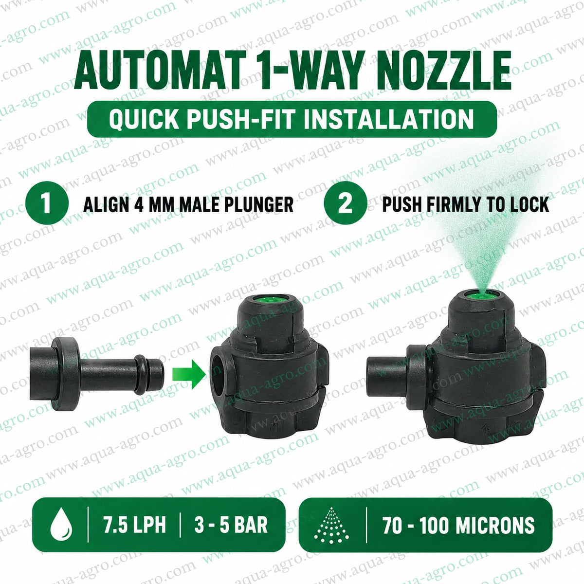 AUTOMAT HARIT 1 way fogger nozzle with 4 mm female push fit inlet for quick connection to compatible male plunger delivering 7.5 LPH fine mist at 3 to 5 bar pressure for greenhouse fogging and nursery irrigation