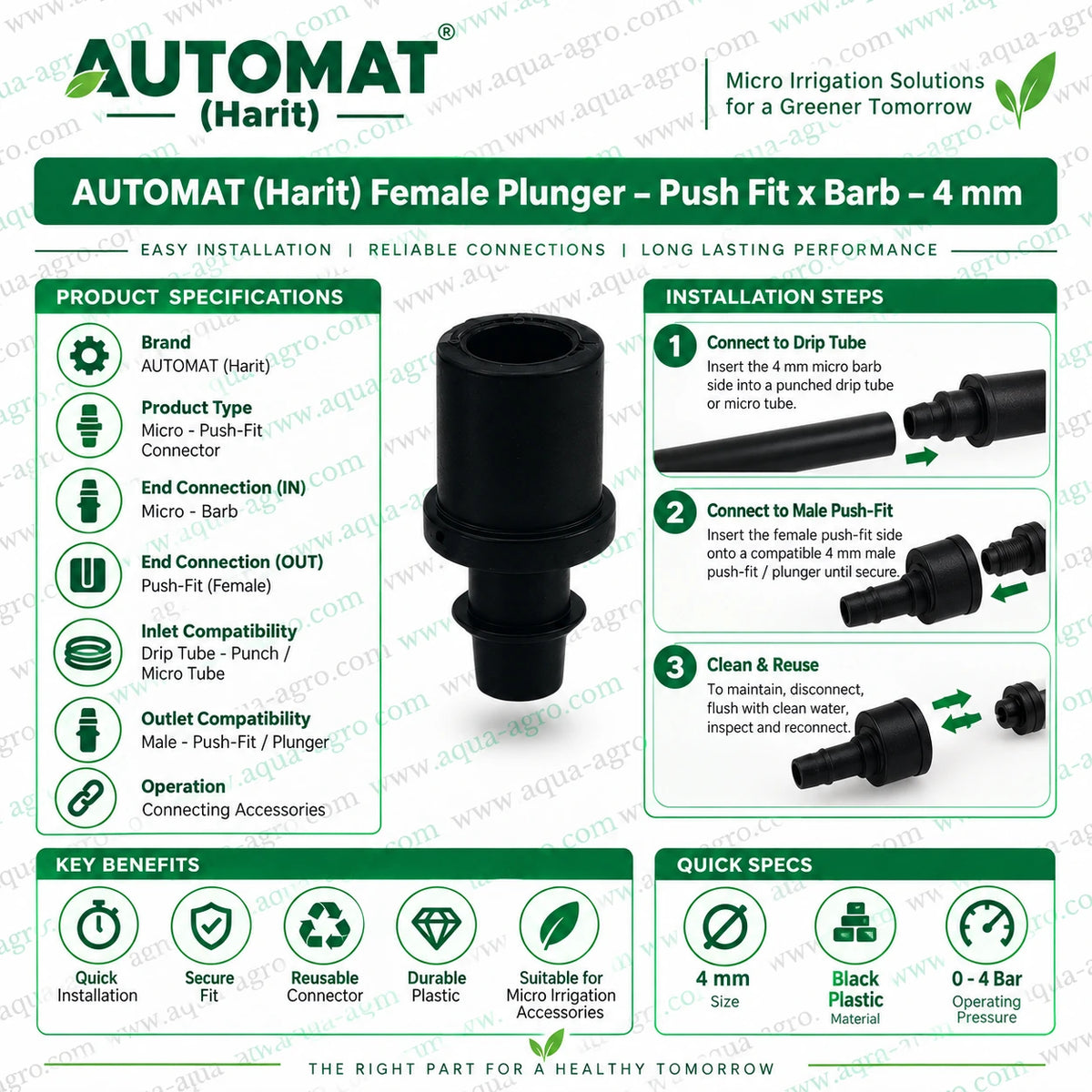 AUTOMAT Harit 4mm female plunger connector with micro barbed inlet and female push fit outlet featuring black plastic construction for connecting micro tubes to compatible male plungers in agricultural fogging and greenhouse misting systems