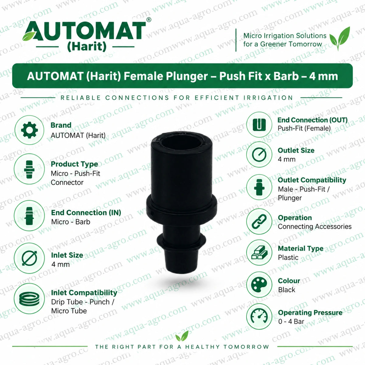 AUTOMAT Harit 4mm female plunger push fit x barb plastic connector for fogger and misting accessories with 4mm micro barbed inlet female push fit outlet and 0 to 4 bar operating pressure for greenhouse irrigation and agricultural fogging applications