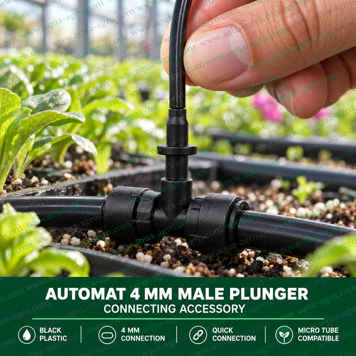 AUTOMAT 4mm black plastic male plunger connector installed on micro irrigation tubing with push fit connection for greenhouse fogger and misting systems