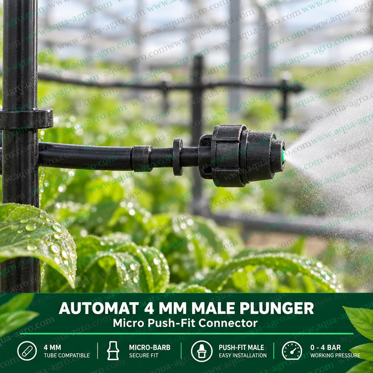 AUTOMAT Harit 4mm male plunger push fit x barb connector used with a fogger nozzle for fine mist irrigation in greenhouse and nursery applications