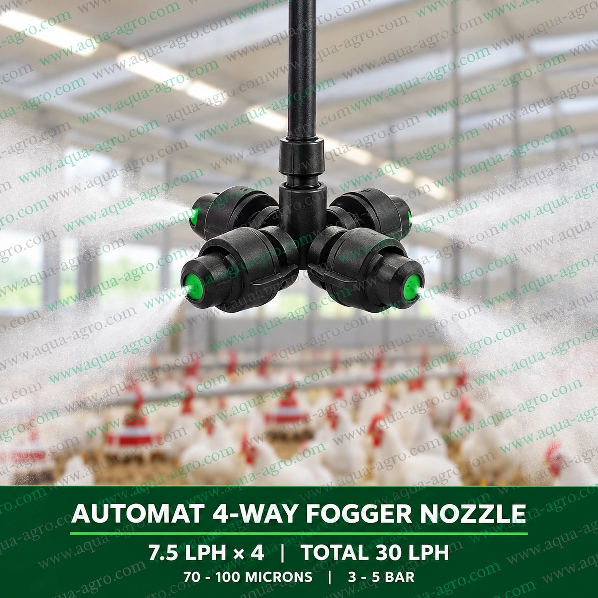 AUTOMAT HARIT 4 way fogger nozzle installed in poultry farm misting system providing four direction fine water spray for poultry shed cooling humidity management and agricultural fogging with 30 LPH total discharge and 3 to 5 bar operating pressure
