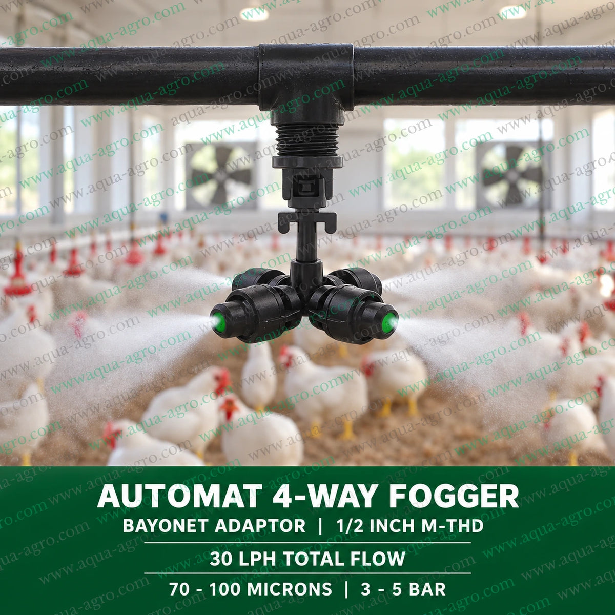 AUTOMAT HARIT 4 way fogger nozzle with bayonet adaptor installed on overhead pipeline delivering fine mist for poultry farm cooling humidity control and environmental management in chicken sheds