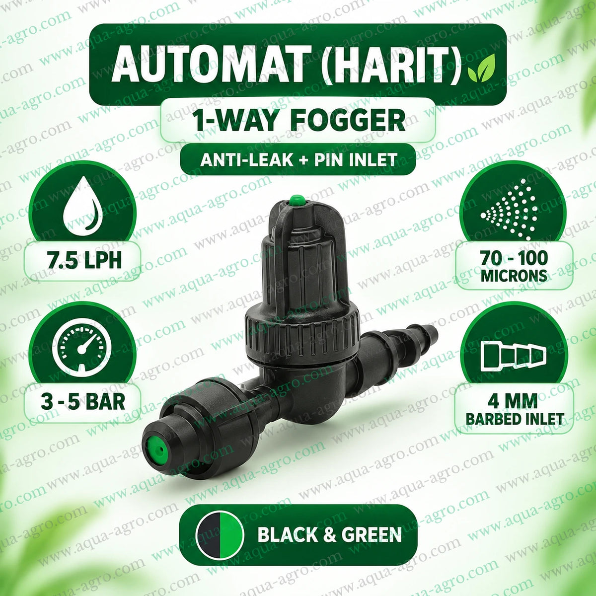 AUTOMAT HARIT 1 way plastic fogger nozzle with anti leak chamber 4 mm barbed inlet black and green plastic body 7.5 LPH discharge and 70 to 100 micron mist for poultry farms greenhouses nurseries and agricultural fogging systems