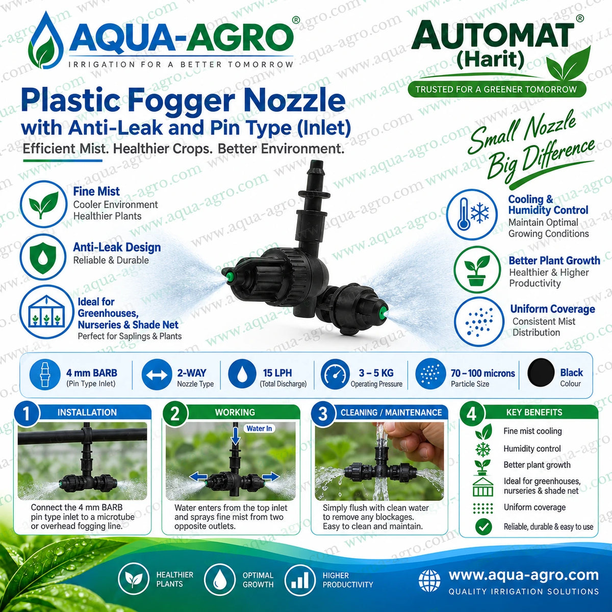 AUTOMAT HARIT 2 way anti leak fogger nozzle with 4 mm pin type inlet 7.5 LPH per nozzle 15 LPH total discharge 3 to 5 bar operating pressure and 70 to 100 micron fine mist for greenhouse nurseries shade net houses and agricultural cooling systems