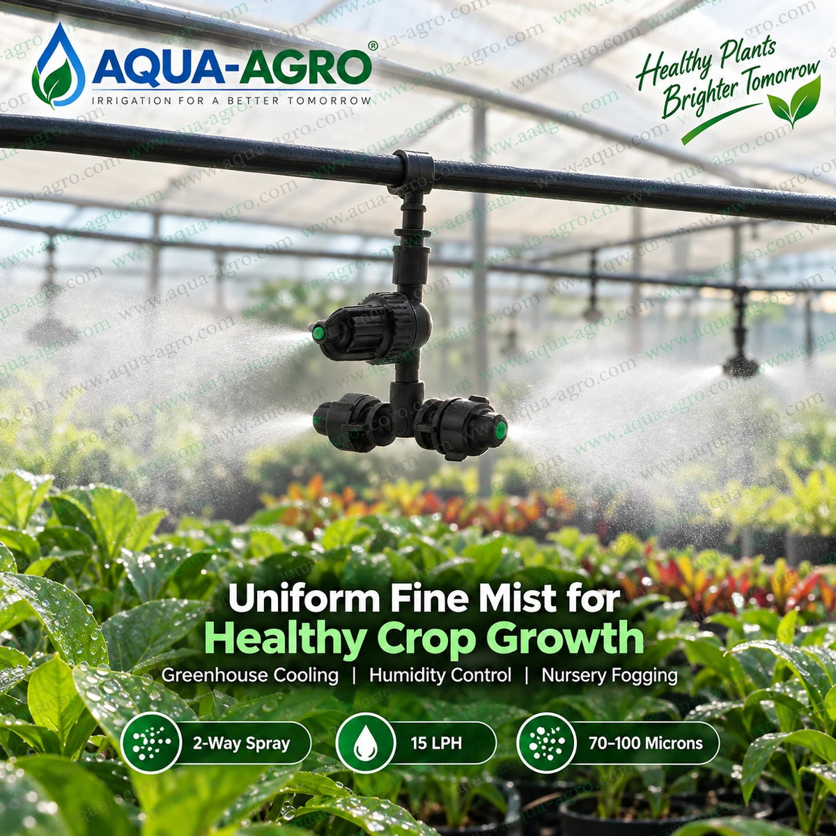 AUTOMAT HARIT 2 way plastic fogger nozzle with anti leak chamber and 4 mm barbed pin inlet spraying uniform fine mist for greenhouse cooling nursery irrigation humidity control and healthy plant growth with 15 LPH total discharge