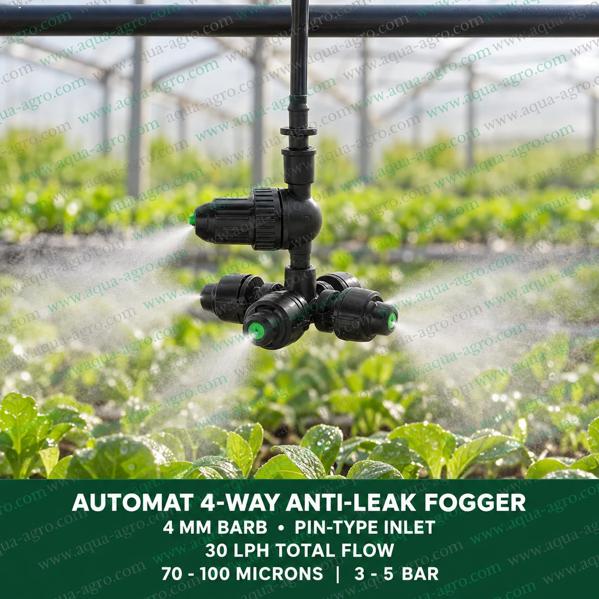 AUTOMAT HARIT 4 way plastic fogger nozzle with anti leak design spraying fine mist in four directions for greenhouse cooling nursery humidification shade net irrigation and uniform mist distribution with 30 LPH total water flow