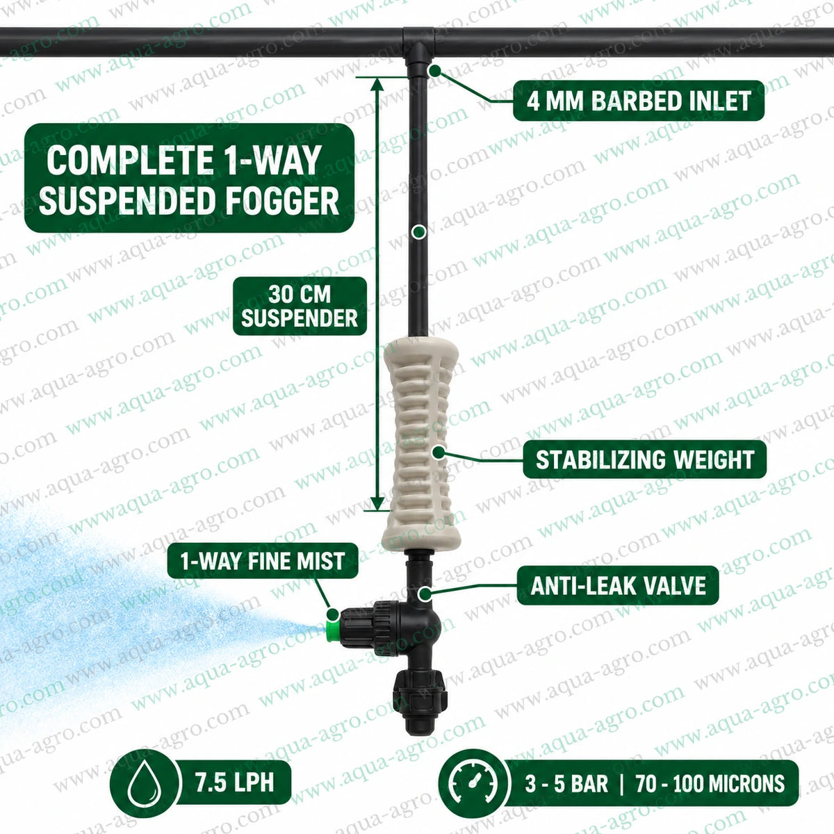AUTOMAT HARIT complete 1 way suspended fogger assembly with 30 cm suspender stabilizing weight 4 mm barbed inlet anti leak valve and plastic mist nozzle with 7.5 LPH discharge 3 to 5 bar operating pressure and 70 to 100 micron droplet size
