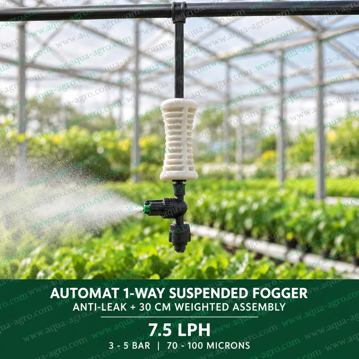 AUTOMAT HARIT 1 way suspended plastic fogger nozzle with anti leak valve 30 cm weighted suspender assembly and 7.5 LPH discharge for greenhouse cooling nursery irrigation humidity control and fine mist spraying