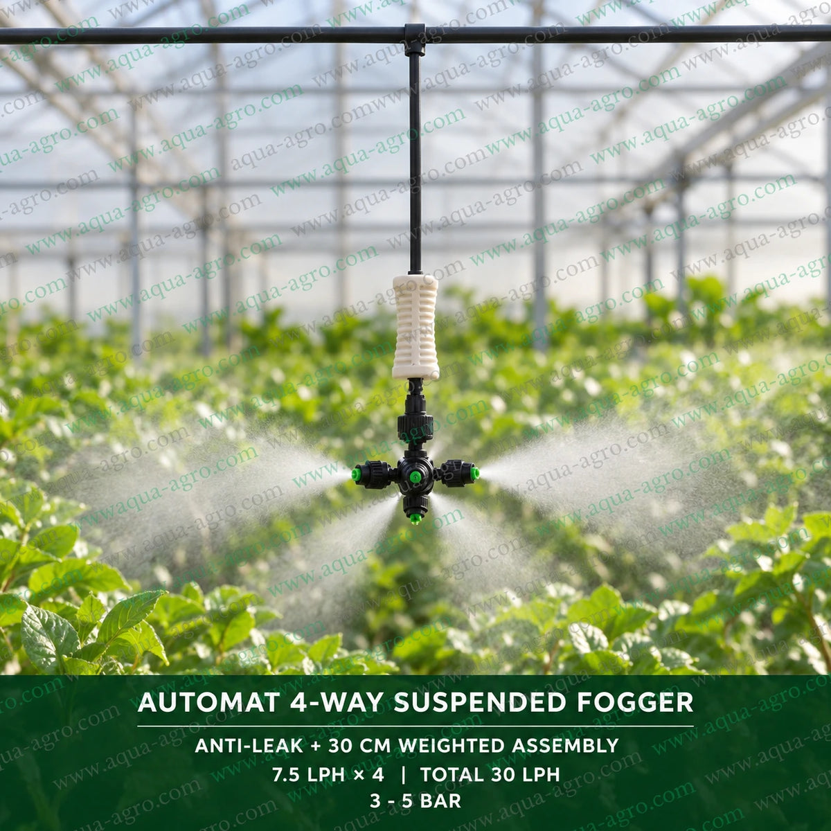 AUTOMAT HARIT 4 way suspended fogger installed on overhead irrigation pipeline with 30 cm weighted hanging assembly and anti leak valve delivering fine mist in four directions for greenhouse humidity control nursery plant propagation and agricultural cooling applications