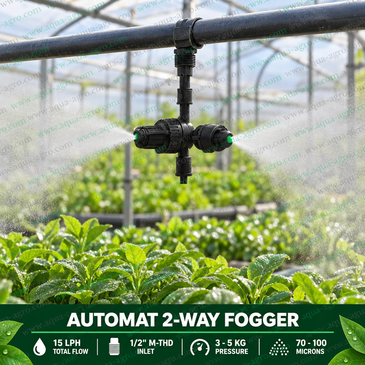 AUTOMAT HARIT 2 way anti leak plastic fogger nozzle with bayonet adaptor and half inch male threaded inlet spraying fine mist for greenhouse cooling nursery irrigation humidity control and agricultural misting with 15 LPH total discharge