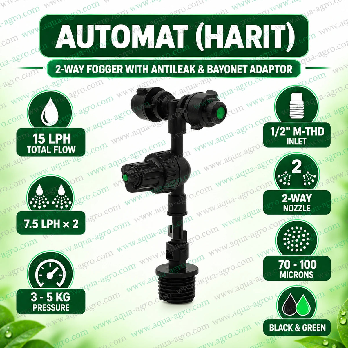 AUTOMAT HARIT 2 way plastic fogger nozzle with anti leak mechanism bayonet quick connection half inch male threaded inlet 7.5 LPH per nozzle 15 LPH total water flow 3 to 5 kg operating pressure and 70 to 100 micron fine mist for greenhouse and nursery cooling systems