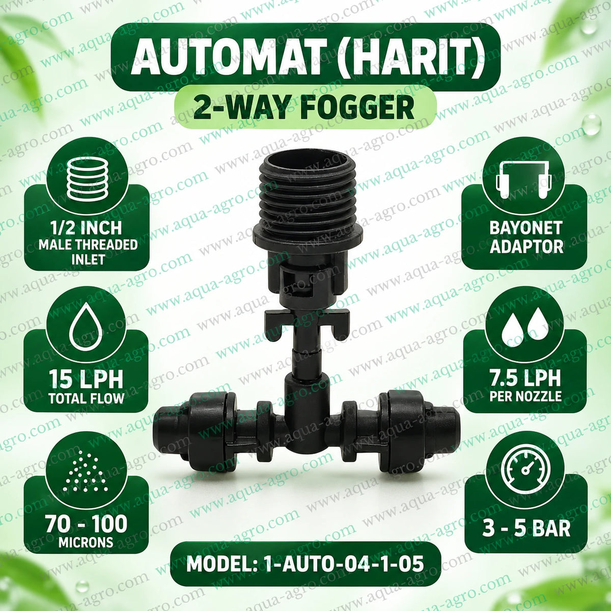 AUTOMAT HARIT 2 way plastic fogger nozzle with bayonet adaptor model 1 AUTO 04 1 05 featuring 15 LPH total water discharge 70 to 100 micron mist particle size and 1/2 inch male threaded connection for greenhouse nursery and poultry cooling systems