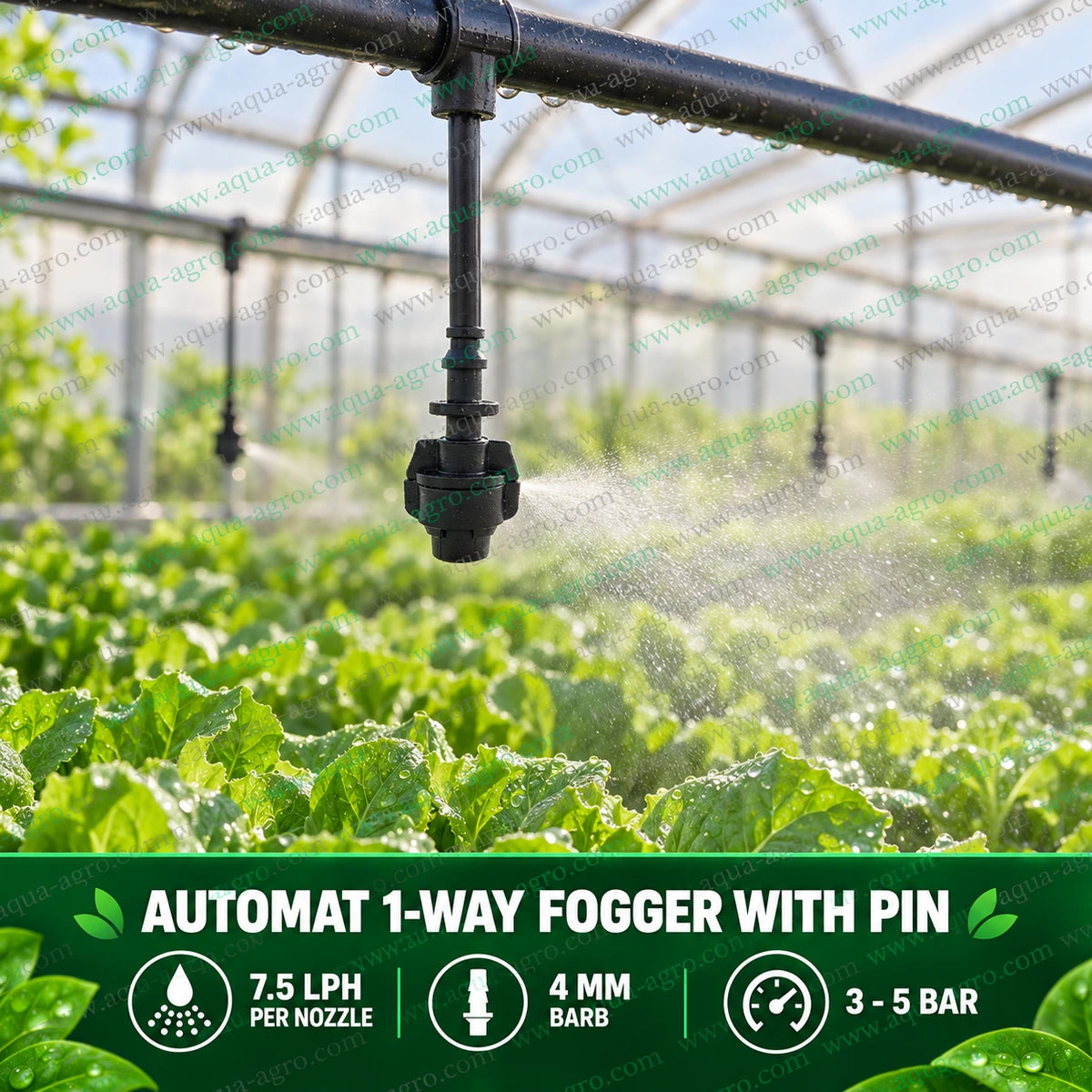 AUTOMAT 1 way fogger nozzle with pin spraying fine mist over green leafy plants in a greenhouse for nursery cooling humidity control and plant irrigation with 7.5 LPH water discharge