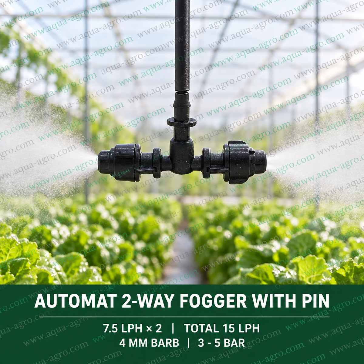 AUTOMAT 2 way fogger nozzle with pin delivering fine mist in two directions over greenhouse plants for nursery humidification greenhouse cooling and agricultural mist irrigation with 15 LPH total discharge