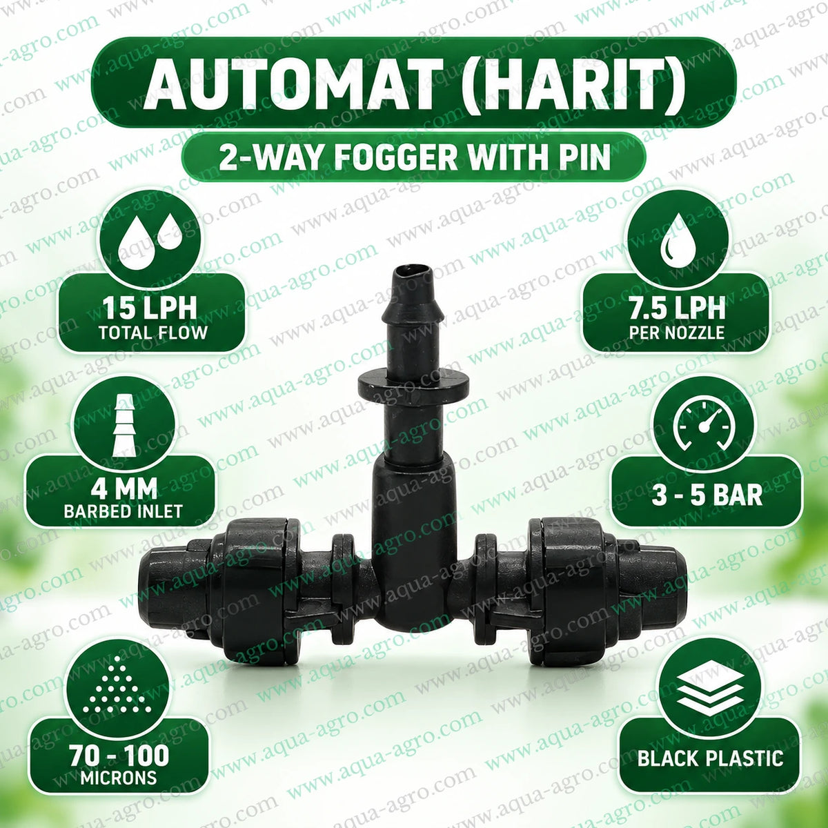 AUTOMAT HART 2 way plastic fogger nozzle with 4mm barbed inlet black plastic body dual mist outlets 7.5 LPH per nozzle and 70 to 100 micron particle size for greenhouse nursery and shade net irrigation