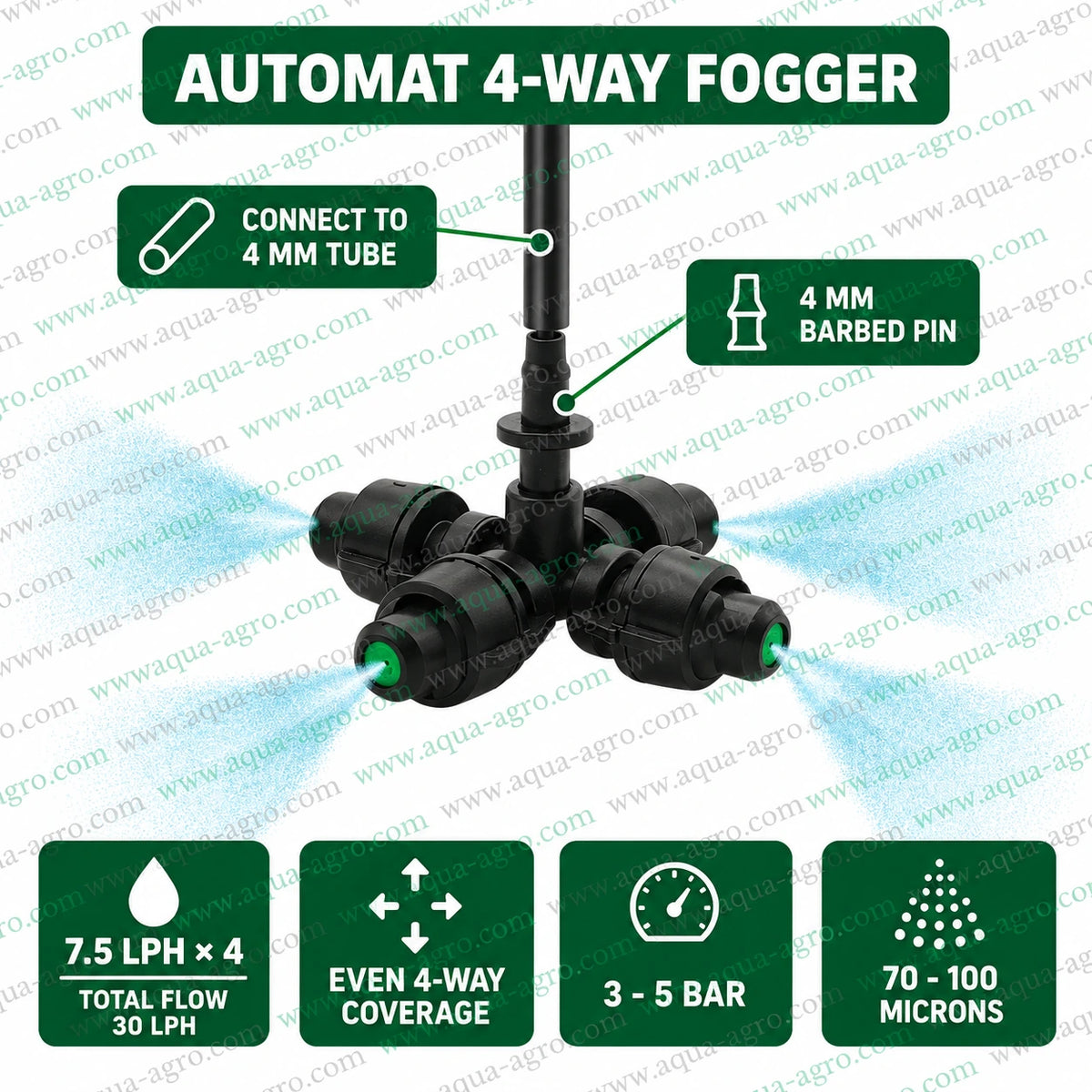 AUTOMAT 4 way plastic fogger nozzle with 4mm barbed pin inlet 7.5 LPH discharge per nozzle 30 LPH total flow 3 to 5 bar operating pressure and 70 to 100 micron fine mist for greenhouse irrigatio