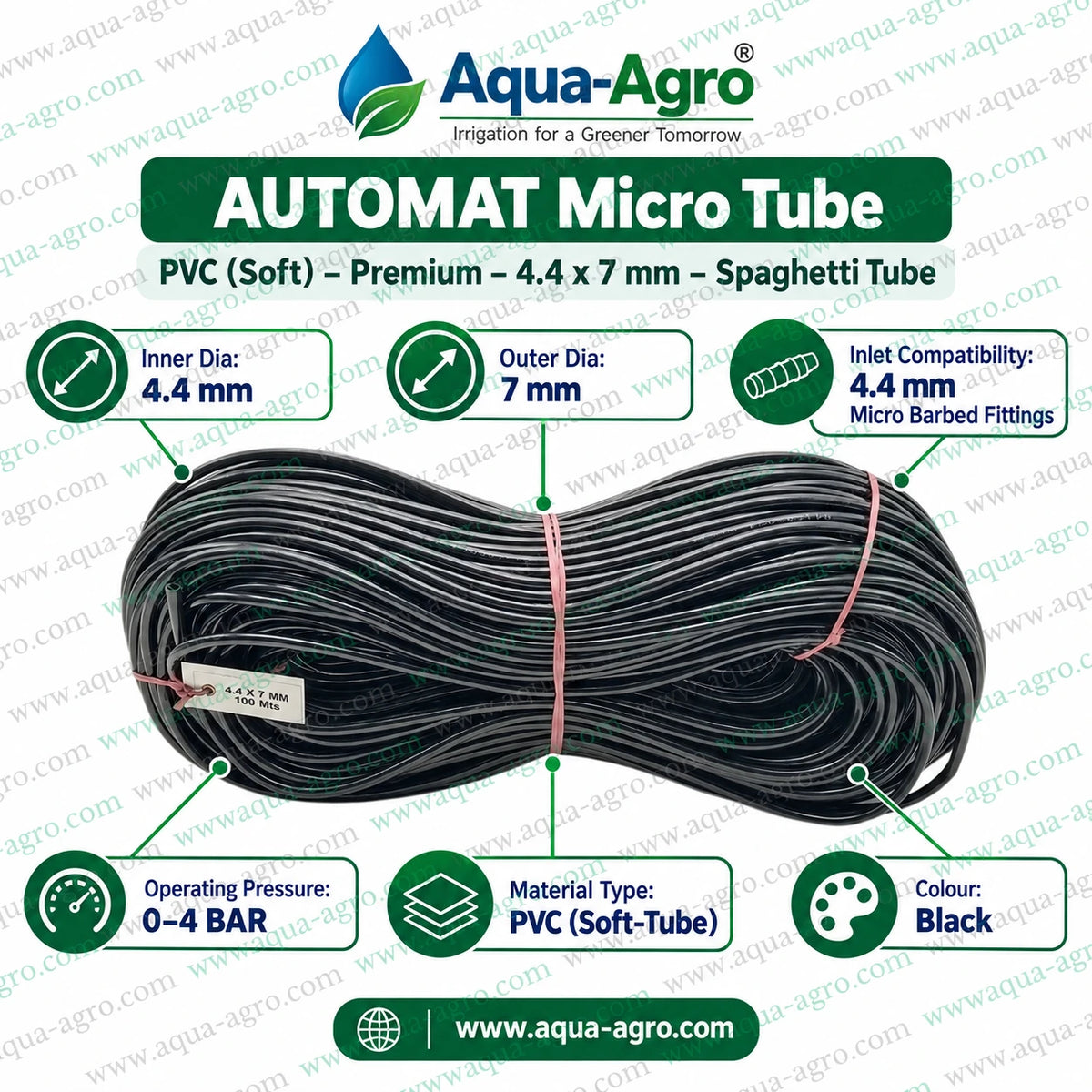 AUTOMAT 4.4x7mm flexible PVC spaghetti tube cut length in metres with 4.4mm inner diameter 7mm outer diameter and 0 to 4 bar operating pressure compatible with 4.4mm micro barbed irrigation fittings
Give feedback