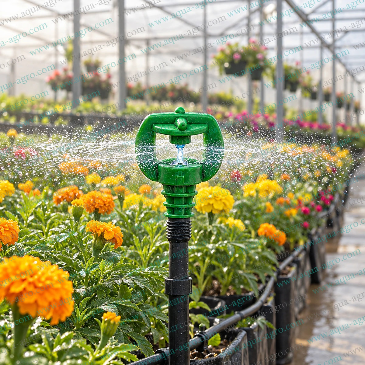 AUTOMAT Aqua Haze HT-200 Green Micro Sprinkler Providing 360 Degree Water Spray for Marigold Flowers and Ornamental Plants in Greenhouse Nursery Irrigation System