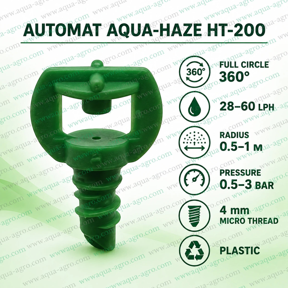 AUTOMAT HT-200 Aqua Haze Green Plastic Mister Sprayer with 4mm Micro Thread Connection 360 Degree Spray Pattern 0.5 to 1 Metre Radius and 0.5 to 3 Bar Operating Pressure