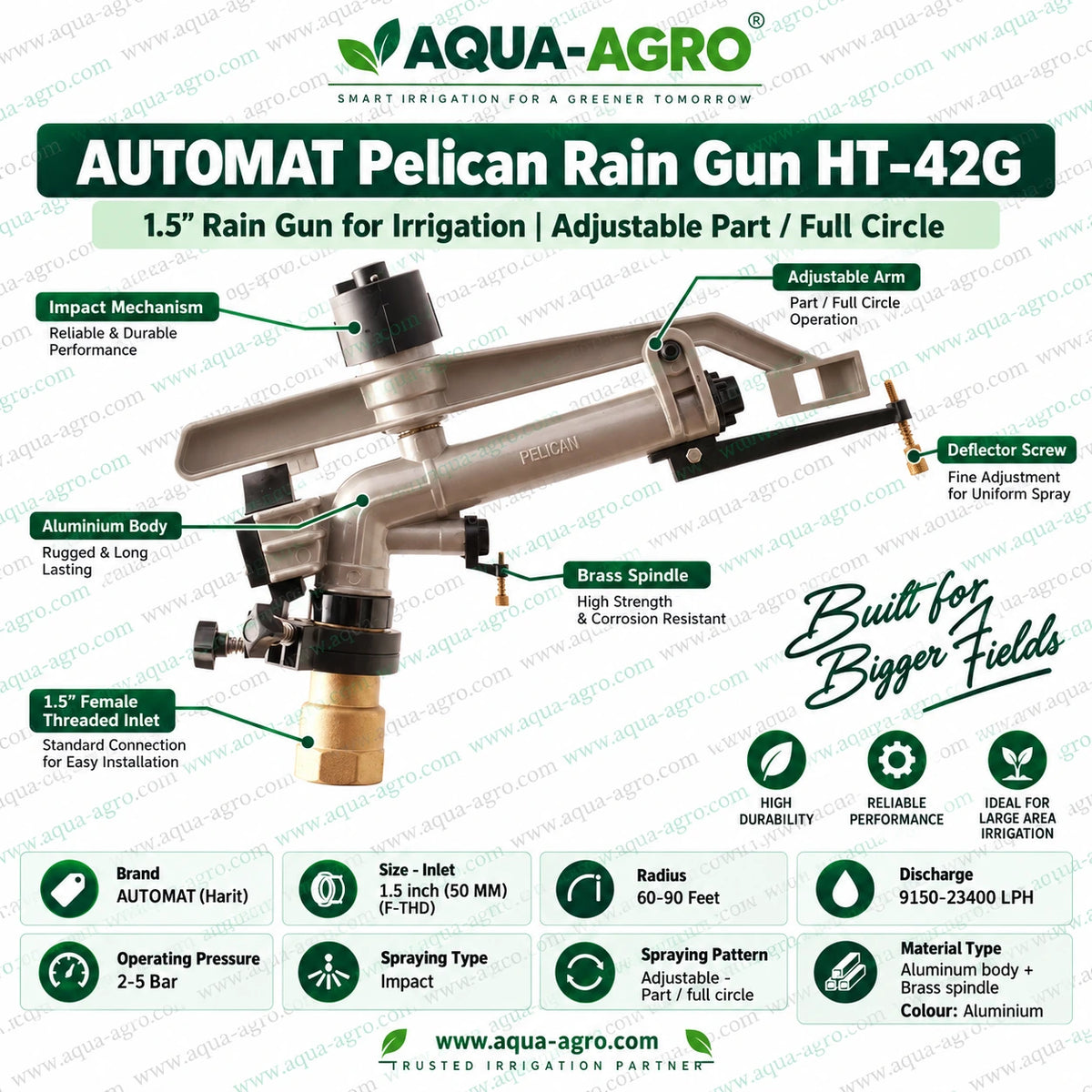 AUTOMAT Pelican HT-42G Aluminium Rain Gun Sprinkler with 1.5 Inch Female Threaded Inlet 60 to 90 Feet Spray Radius 9150 to 23400 LPH Discharge and Adjustable Part or Full Circle Coverage for Large Agricultural Fields