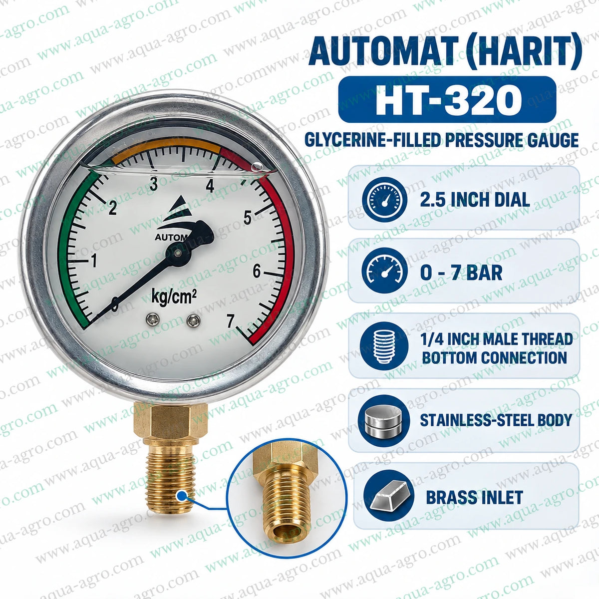 AUTOMAT HARIT HT-320 Glycerine Filled Pressure Gauge with 0 to 7 Bar Range 2.5 Inch Dial Stainless Steel Body and 1/4 Inch Brass Male Threaded Inlet