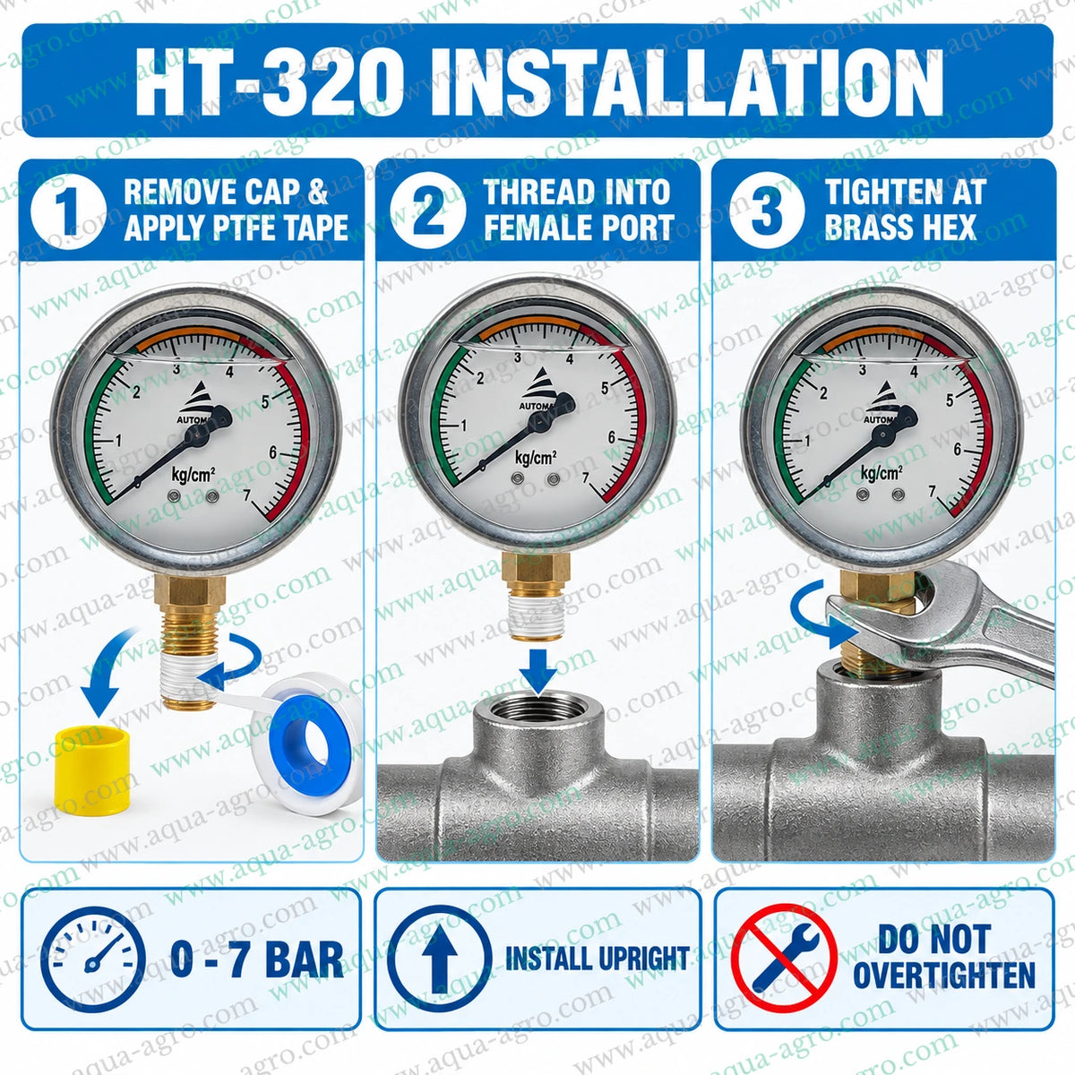AUTOMAT HT-320 Glycerine Filled Pressure Gauge Installation Guide with PTFE Tape and Brass Threaded Connection for Irrigation Pipelines