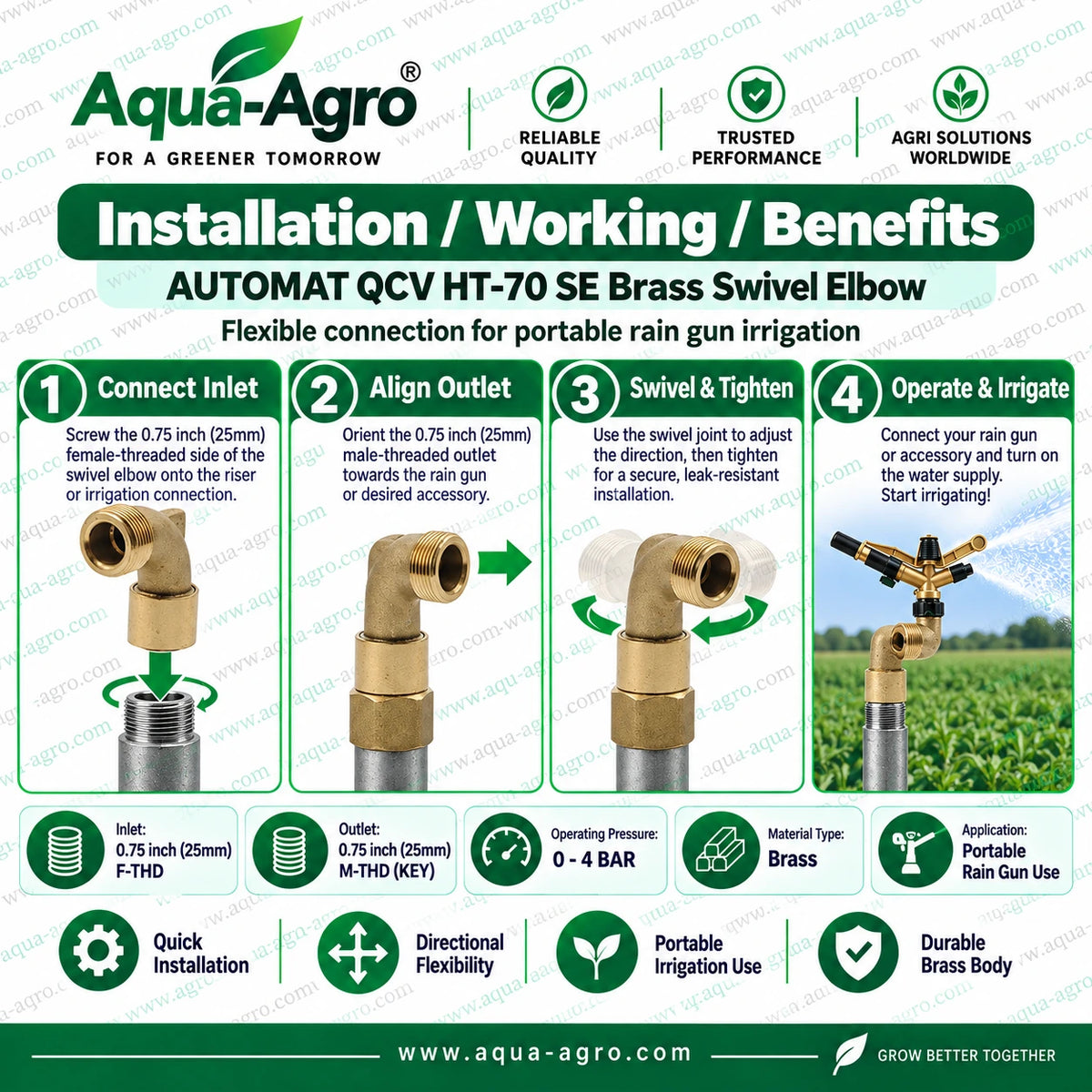 AUTOMAT HT 70 SE brass swivel elbow installation for quick coupling valve QRC QCV 0.75 inch 25mm female threaded inlet and male threaded outlet for portable rain gun irrigation
