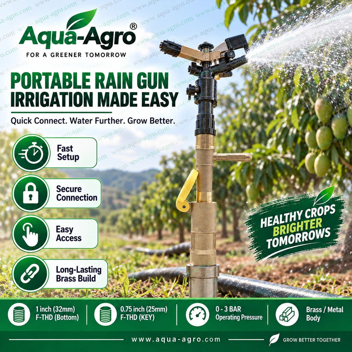 AUTOMAT HT-71 B brass quick coupling valve installed with portable rain gun sprinkler for agricultural irrigation and orchard watering featuring secure locking mechanism quick connection durable metal body and 1 inch female threaded inlet