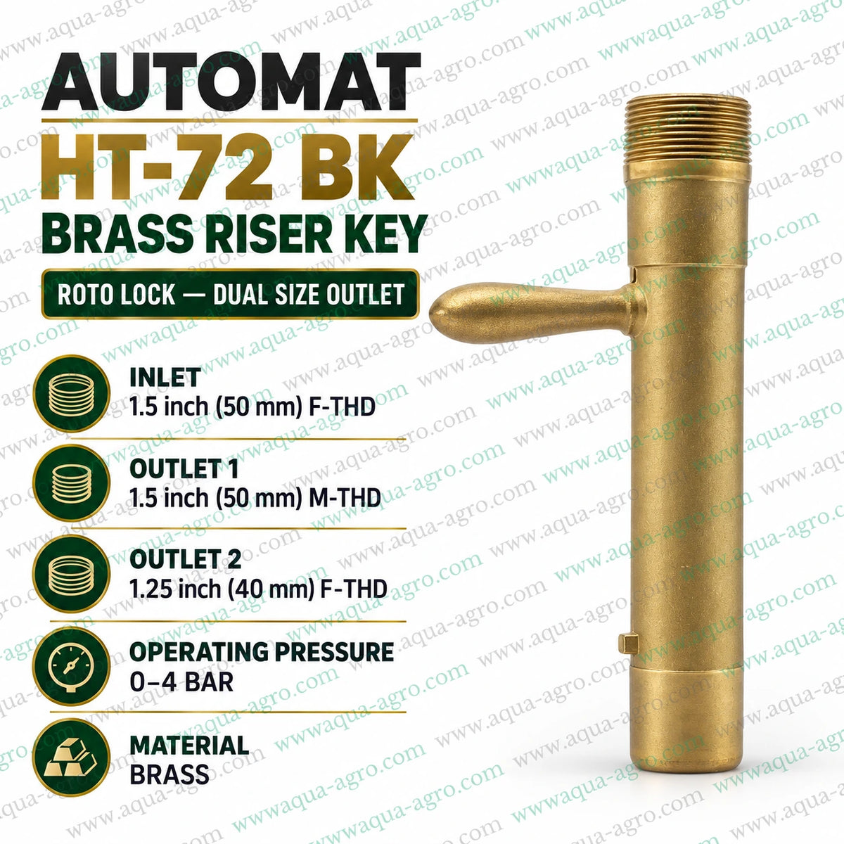 AUTOMAT HT 72 BK brass QRC QCV riser key with roto lock 1.5 inch 50mm male threaded and 1.25 inch 40mm female threaded dual size outlet for irrigation system