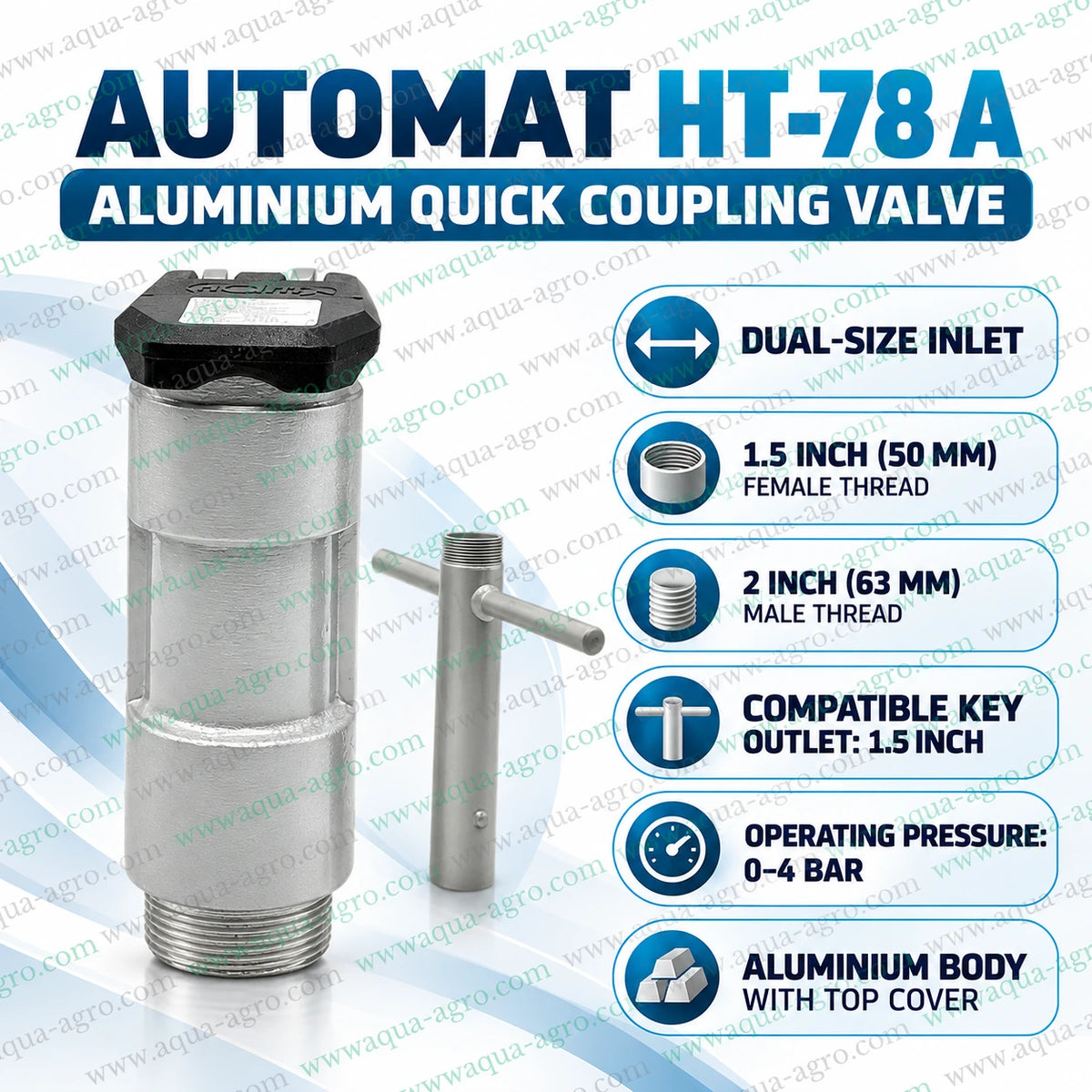 AUTOMAT HT-78 A aluminium quick coupling valve with protective top cover dual size inlet 1.5 inch female thread and 2 inch male thread compatible with roto lock riser key for sprinkler irrigation systems and agricultural water pipelines