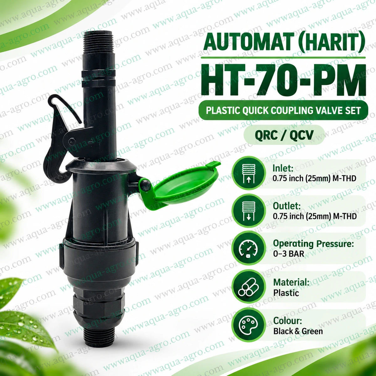 AUTOMAT HT 70 PM QRC QCV plastic quick coupling valve set with 0.75 inch 25mm male threaded inlet and outlet green top cover for agricultural sprinkler lawn and landscape irrigation systems
