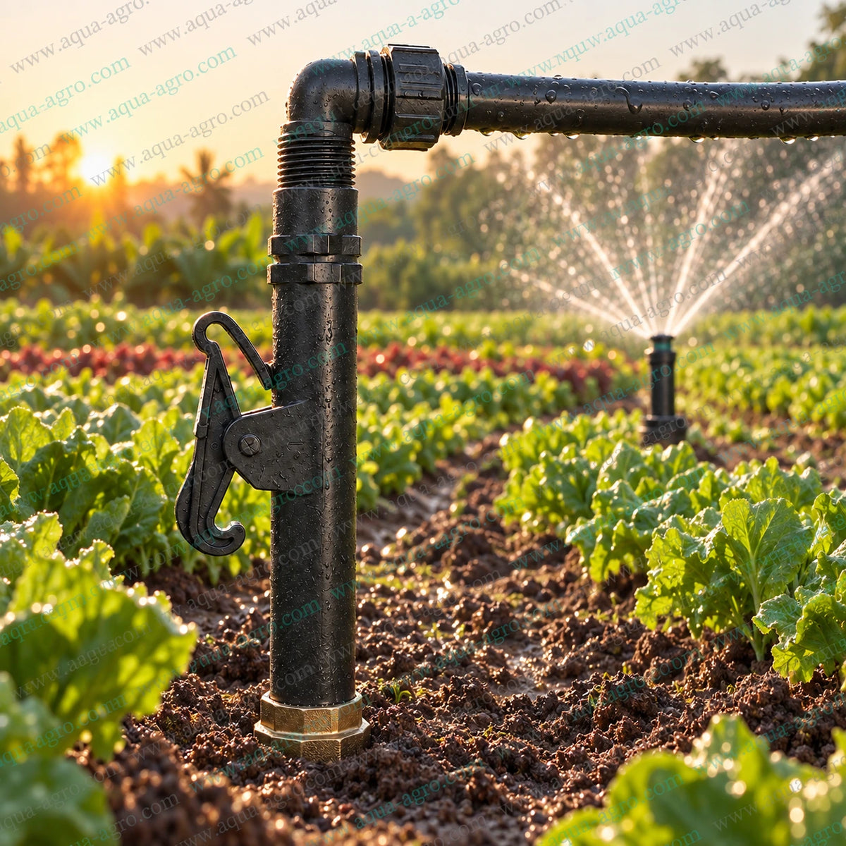 AUTOMAT HT 70 PMK QCV riser key with hook lock and 0.75 inch 25mm male threaded outlet installed in agricultural sprinkler irrigation system