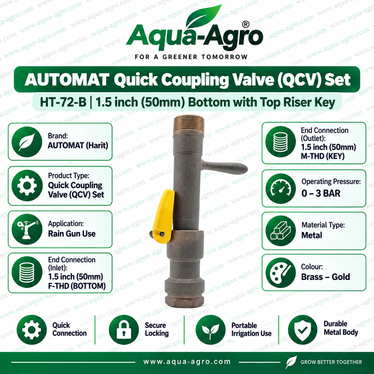 AUTOMAT HT 72 B brass QCV set with 1.5 inch 50mm F THD bottom inlet and 1.5 inch 50mm M THD top riser key for rain gun agricultural irrigation system