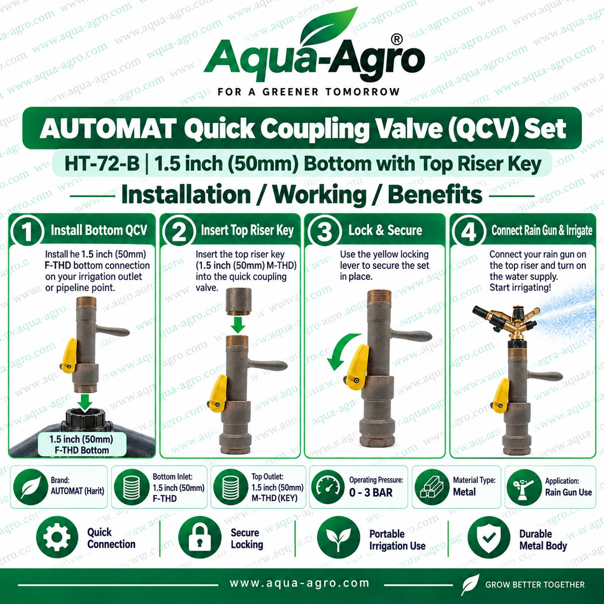 AUTOMAT HT 72 B brass quick coupling valve QCV set installation with 1.5 inch 50mm female threaded bottom inlet and top riser key for portable rain gun irrigation